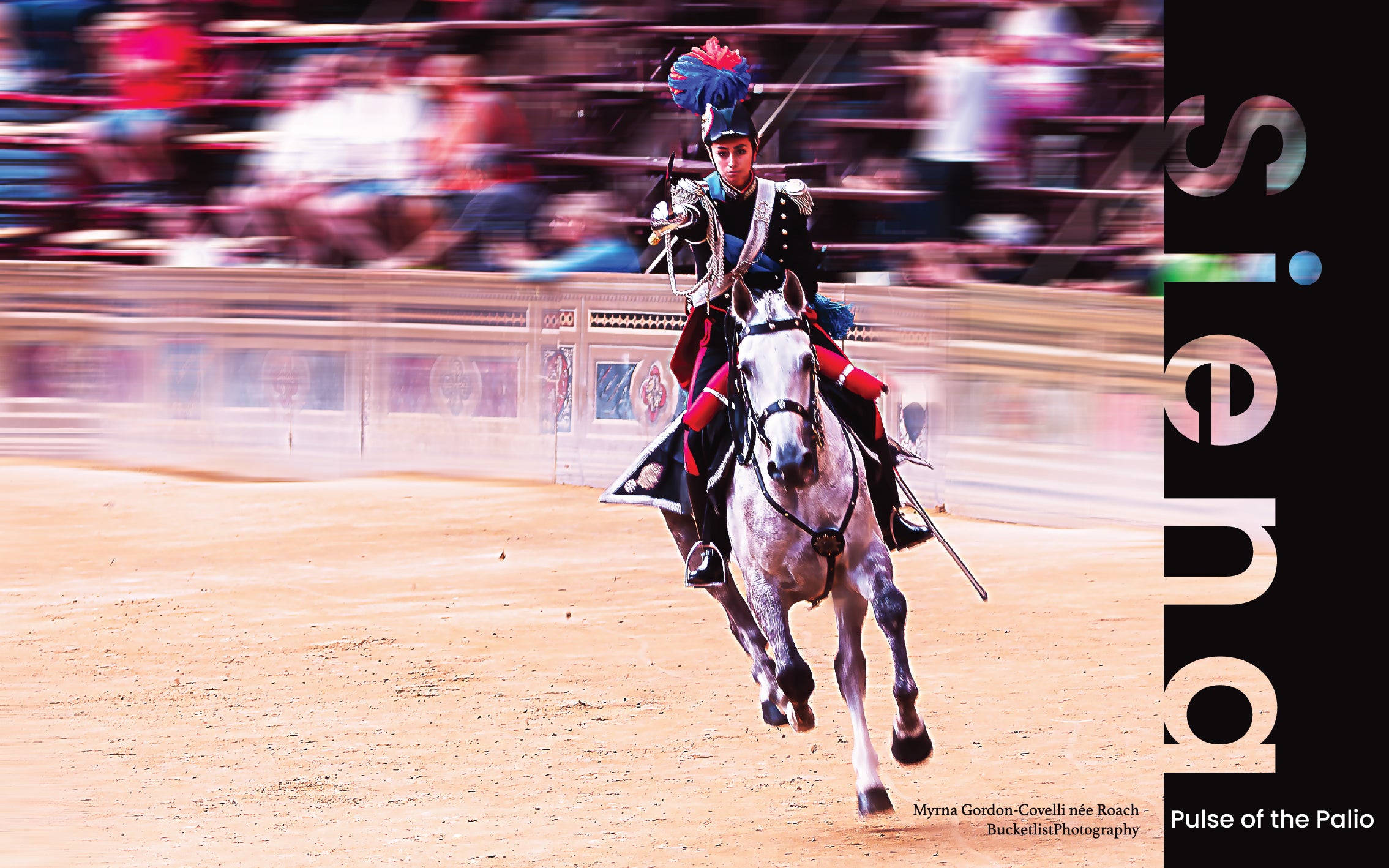 Carabinieri officer on horseback in ceremonial uniform charging across the Campo at the Palio di Siena