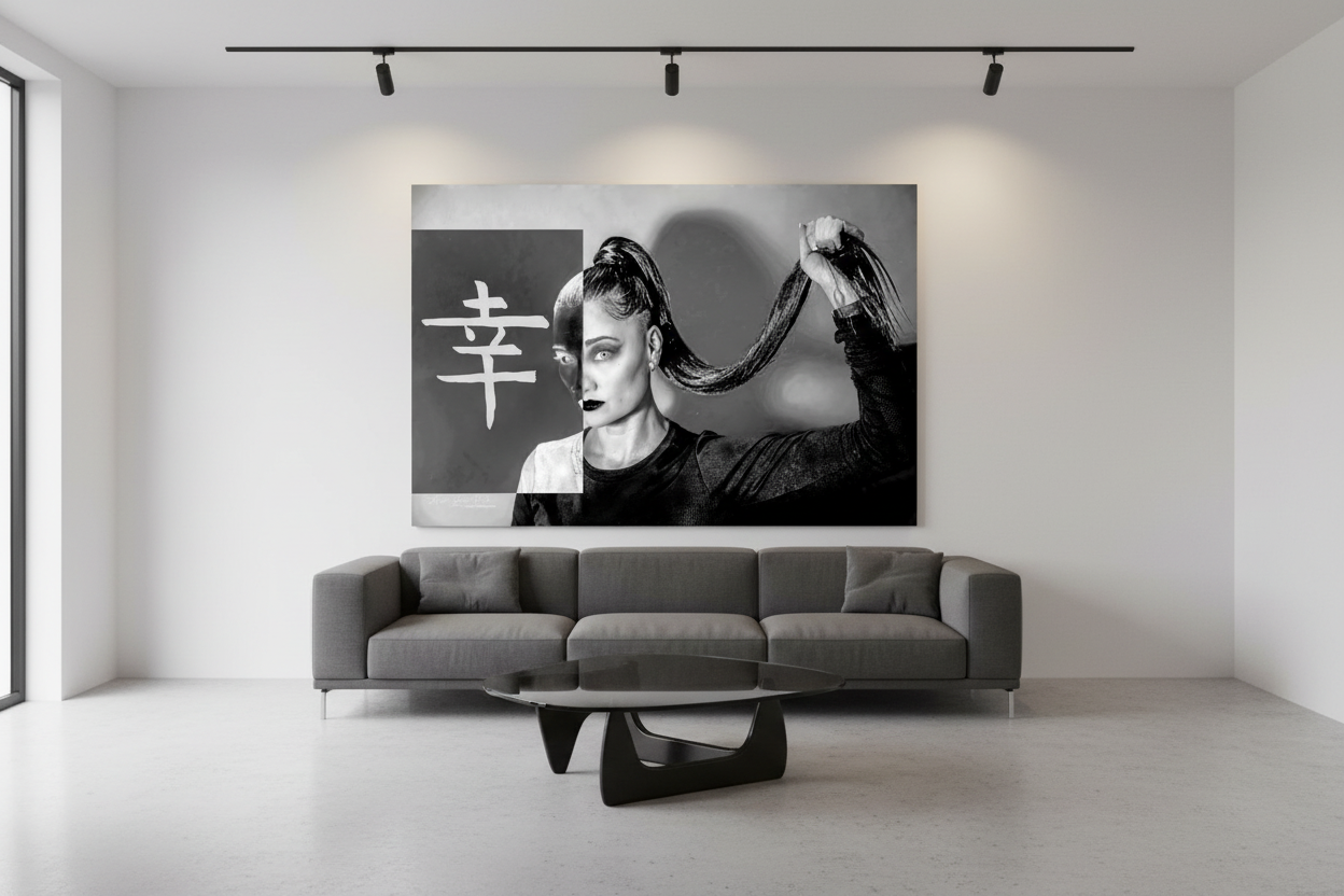 Friend fine art portrait print displayed in a sleek modern gallery-style loft interior